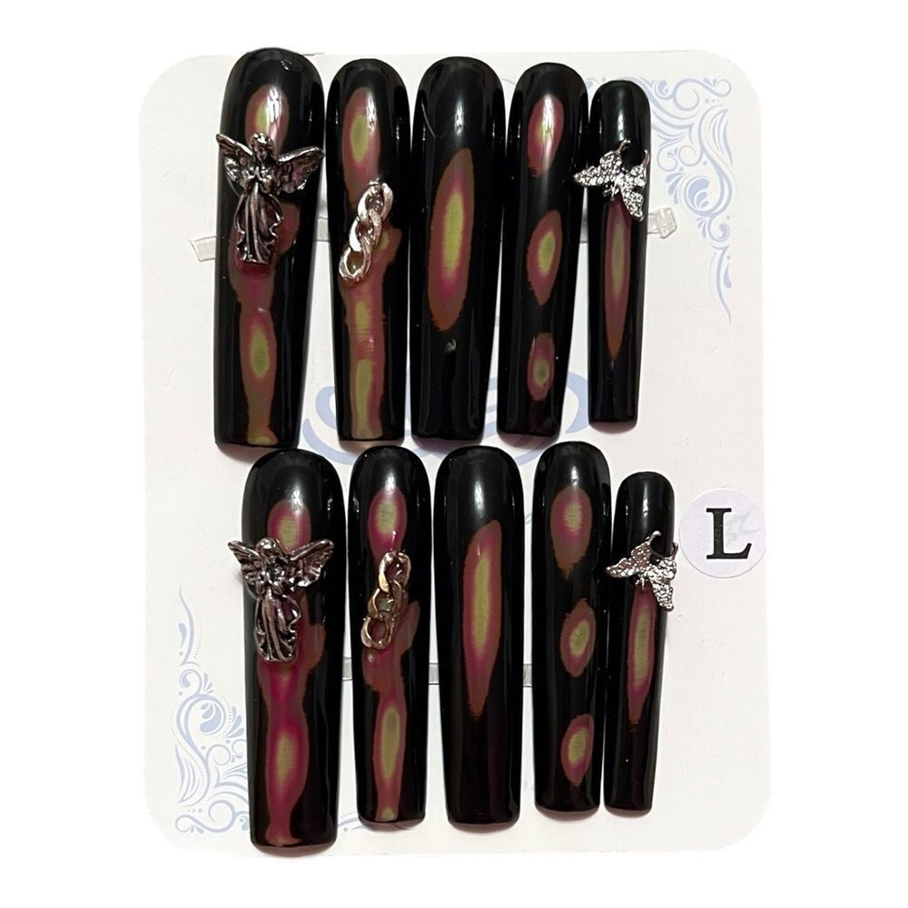 Stylish Handmade Black Angel Butterfly Extra Long Press-On Nails Size L
